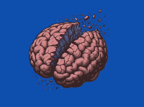  brain cracking and broken illustration on blue BG