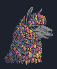 Naklejka premium colorful alpaca head illustration on dark BG