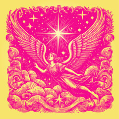 Angel flying to the star vintage style illustration