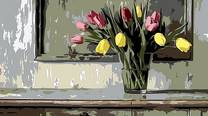 Watercolor tulips on the window. The vase is filled with abundant pink and yellow flowers, creating a vibrant and colorful display of nature's beauty