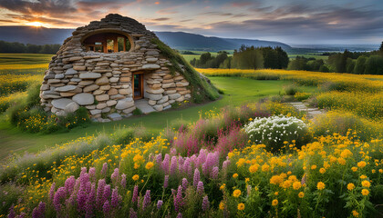 landscape with flowers and stone house