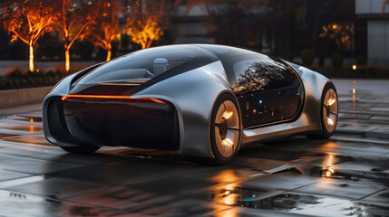 A futuristic autonomous electric car with a sleek silver design and glass dome, parked on a wet urban street at twilight, reflecting the city lights.