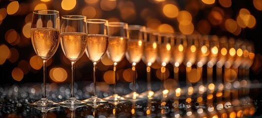 A symmetrical row of elegant champagne glasses placed on the tabletop catches the light and creates a feeling of luxury and celebration with bokeh lights