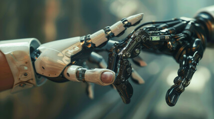 Two robotic hands, one with a white covering and the other black, reaching towards each other, symbolic of human-machine interaction and future technologies.