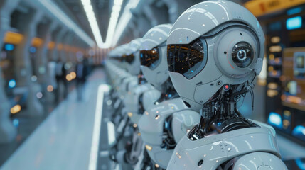 Fototapeta premium A line of humanoid robots with intricate mechanical designs in a futuristic factory setting, showcasing advanced artificial intelligence and automation technology.