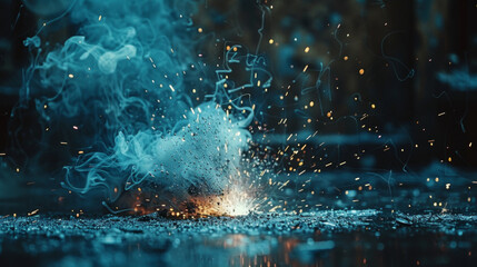 Fototapeta premium Dynamic close-up of sparks and smoke bursting intensely in a dark, atmospheric setting.