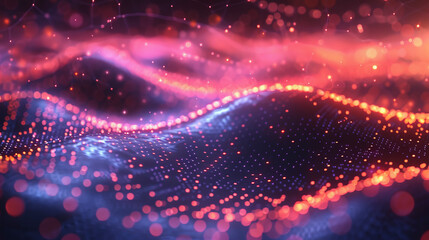 Obraz premium A vibrant digital illustration of a dynamic wave made of particles in shades of blue and pink, representing a futuristic or abstract technological concept.