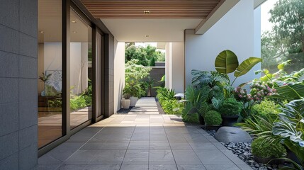 eco - friendly entrance with modern design featuring lush green plants and a towering tree, complemented by a stylish gray and white wall