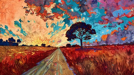 River under sunset abstract illustration poster background