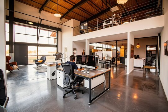 a modern, eco-friendly office tailored for a large startup company office, adorned with sustainable materials running throughout the design