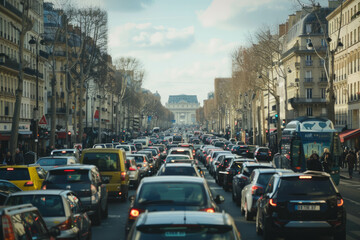 Experience the vibrant French streets bustling with traffic and people, captured in colorful animation stills with detailed attention. AI generative.