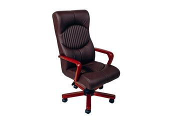 a brown office chair with red armrests