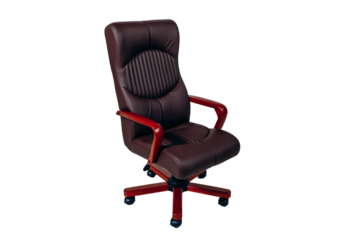 a brown office chair with red armrests