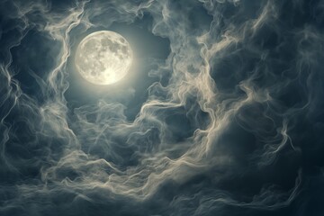 Ethereal and mystical full moonlight peeking through abstract clouds in the night sky. Creating a dreamy and fantasy atmospheric background with tranquil and moody celestial luminosity