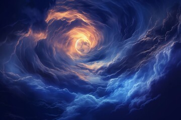 Enchanting and surreal mystical moon swirl abstract with vibrant swirling clouds in a dreamy and ethereal night sky, creating an illuminated celestial magic. Ideal for nature, space, or fantasy art