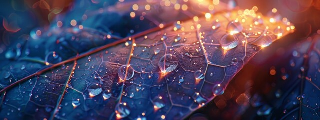 A close-up view of a single leaf with sparkling water droplets clinging to its edges, showcasing the beauty of rain in detail. - Powered by Adobe
