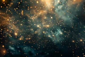 Fototapeta premium Magical celestial scene with golden sparkles scattered across a mystical blue background, evoking the vastness of space