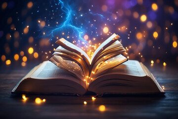 Open old Book With magic Glowing light
