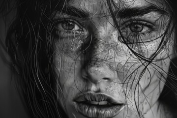 Fototapeta premium Hyper-realistic portrait using charcoal, focusing on capturing intricate details like the texture of skin and hair 