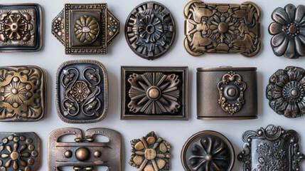 A collection of ornate, vintage metal belt buckles with intricate floral and geometric designs, displayed on a light background.