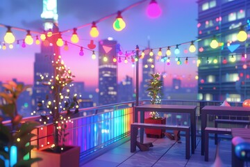 A colorful cityscape with a balcony with a table and chairs, Pride Month and Day, LGBTIQ+ 