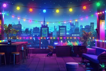 A cityscape with a neon lighted cityscape and a balcony with a couch and a bar, Pride Month and Day, LGBTIQ+  - Powered by Adobe