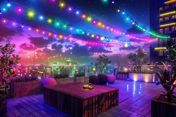 A colorful outdoor patio with a view of the city, Pride Month and Day, LGBTIQ+ 
