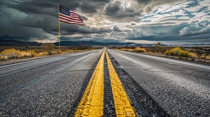 Dramatic shot of the American flag on a cross-country road, evoking a sense of adventure and national pride, with a focused, isolated background