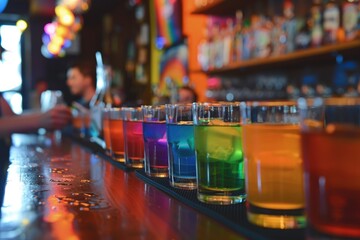 A bar with a long counter with many colorful glasses of drinks on it, Pride Month and Day, LGBTIQ+