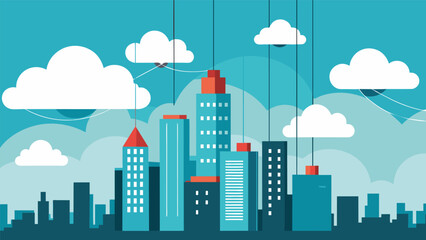 Fototapeta premium A city skyline with strings reaching from the clouds symbolizing the medias farreaching influence over society..