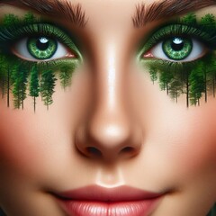  detailed close up of a beautiful young woman's face, with eyes made of trees, a detailed closeup of an forest swirling around the green eyelashes
