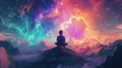 Cosmic Meditation. A person meditating on a mountain peak with a vibrant cosmic sky filled with stars and nebulae in the background.