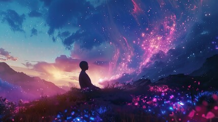 Obraz premium A silhouette of a person sitting on a hill, gazing at a vibrant, colorful sky with pink and blue hues and glowing flowers around.