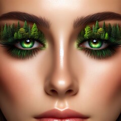 Naklejka premium detailed close up of a beautiful young woman's face, with eyes made of trees, a detailed closeup of an forest swirling around the green eyelashes