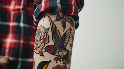 Detailed shot of an old-school tattoo sleeve, showcasing iconic imagery like swallows and roses, with stark black outlines and vivid colors, white background