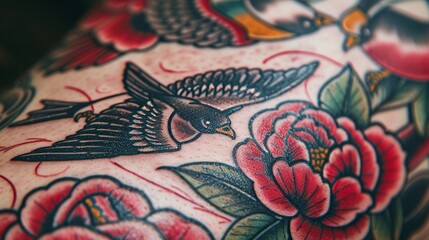 Detailed shot of an old-school tattoo sleeve, showcasing iconic imagery like swallows and roses, with stark black outlines and vivid colors, white background