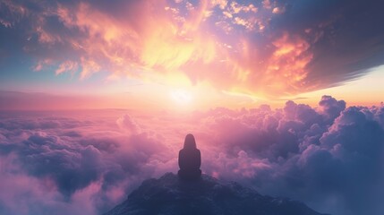 A person meditating on a mountain peak with a vibrant cosmic sky filled with stars and nebulae in the background.