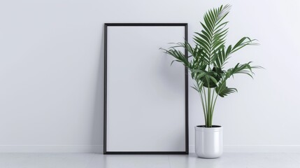 Black vertical frame with blank card and potted plant mockup, Ai Generated