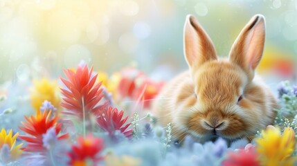 Cute, little bunny sleeping in flower field, unbothered untroubled carefree happy content
