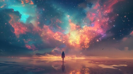 Meditation under Cosmic Skies. A person meditating on a serene water surface under a vibrant pink and purple sky with dynamic cloud formations.