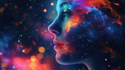 Cosmic Beauty. A surreal portrait of a woman with her profile merging into a vibrant cosmic sky, featuring clouds and stars, symbolizing a blend of human and universe.