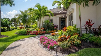 front yard with tropical landscape featuring palm trees, colorful flowers, and a white house under a blue sky - obrazy, fototapety, plakaty