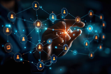 A hand interacting with a futuristic digital network interface representing connectivity, data exchange, and social media concepts in a visual metaphor for technological innovation.