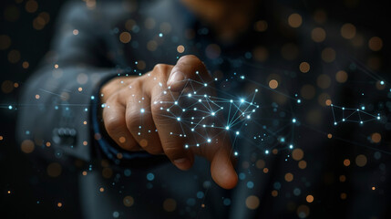 A person in a business suit interacts with an augmented reality interface, touching a virtual network of interconnected points and lines representing digital connectivity.