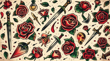 Detailed depiction of American traditional tattoo, old-school roses and dagger designs with striking outlines, set against an uncluttered background