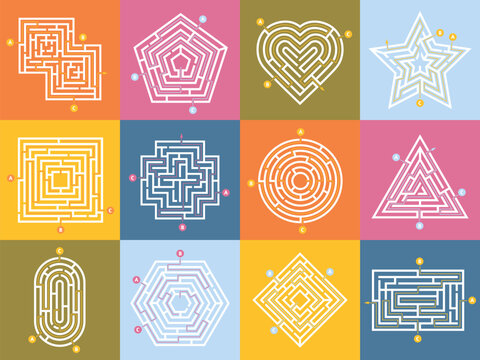 Labyrinth game. Maze conundrum, labyrinth way rebus and many entrance riddle. Vector of maze and puzzle, way exit conundrum, search entrance, riddle shape, square illustration