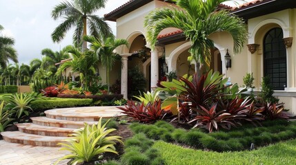 front yard with tropical landscape featuring a white building and a red plant