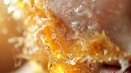 Fototapeta premium Macro close-up of glistening honey dripping from plump lips, highlighting texture and shine.
