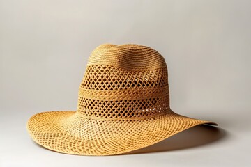 Stylish straw hat with a unique woven pattern, presented against a soft, neutral backdrop to highlight its texture and design
