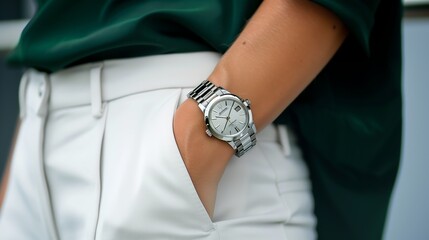 A woman wearing a silver watch on her wrist as body jewelry